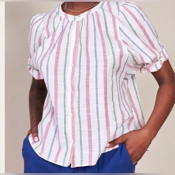 Xirena Chesney Striped Blouse 100% Cotton Short Sleeve Lightweight Blouse Size M - Picture 2 of 10